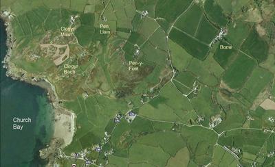 Aerial view of Porth Swtan and Richards farms.